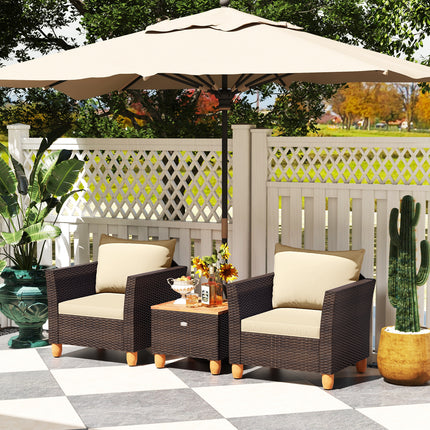 3 Pieces Patio Rattan Bistro Furniture Set with Wooden Table Top-Beige
