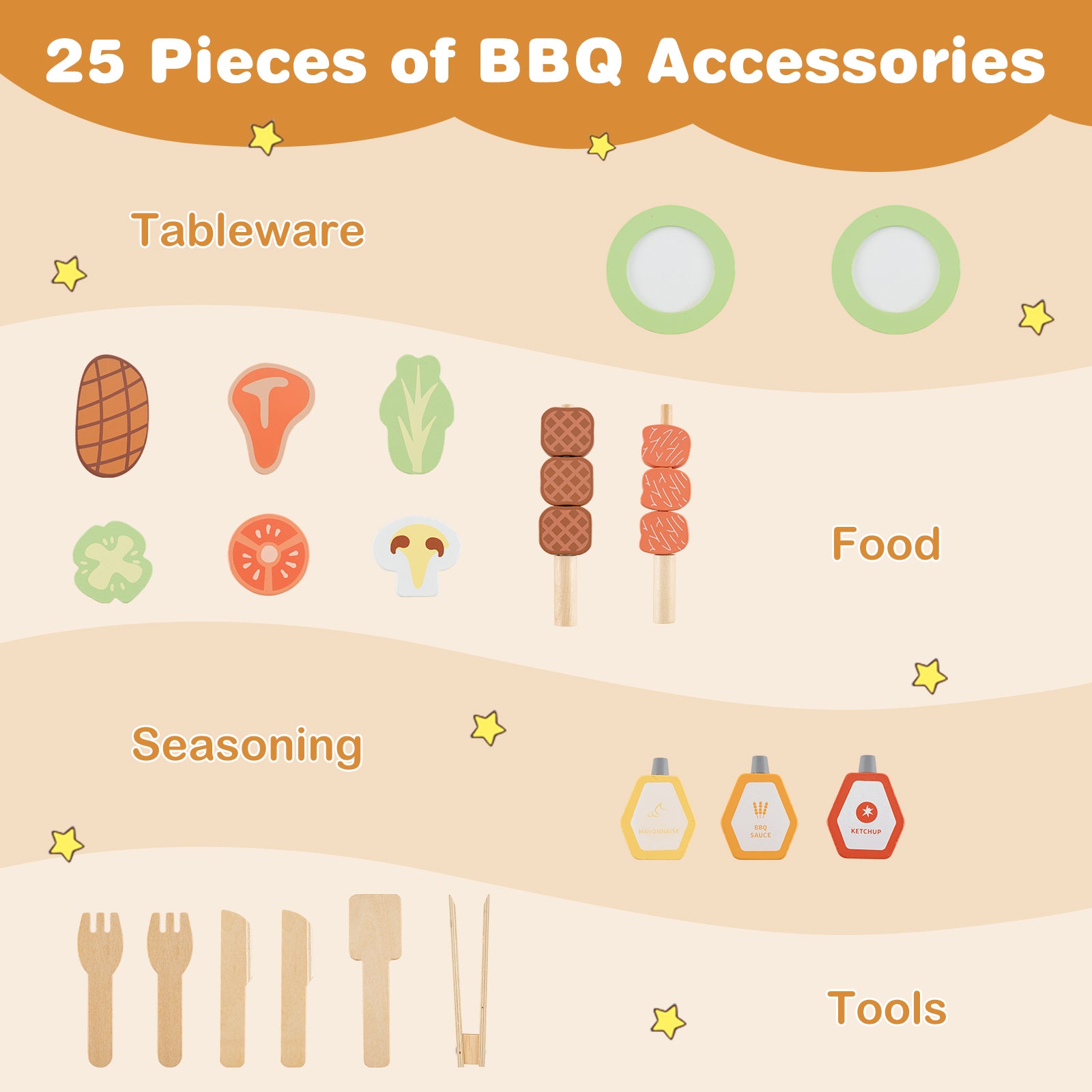 Kids Wooden Barbecue Grill Playset Pretend Kitchen with Food and Wheels-Natural