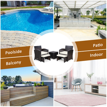 5 Pieces Patio Rattan Furniture Set with Ottoman and Tempered Glass Coffee Table-White