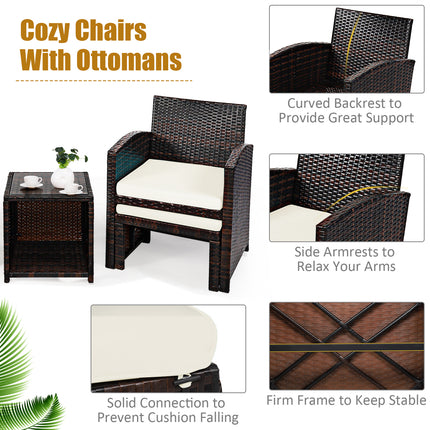 5 Pieces Patio Rattan Furniture Set with Ottoman and Tempered Glass Coffee Table-White