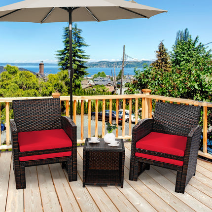 5 Pieces Patio Rattan Furniture Set with Ottoman and Tempered Glass Coffee Table-Red