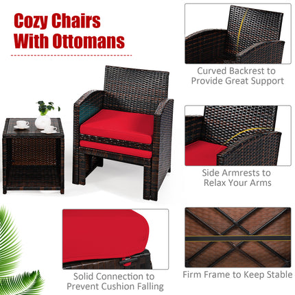 5 Pieces Patio Rattan Furniture Set with Ottoman and Tempered Glass Coffee Table-Red