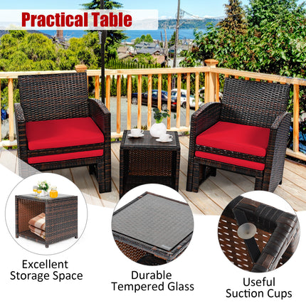 5 Pieces Patio Rattan Furniture Set with Ottoman and Tempered Glass Coffee Table-Red