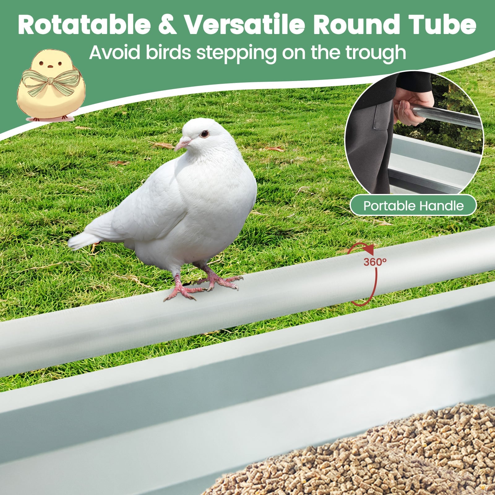 Metal Chicken Feeder Chicken Feeding Trough with Drainage Holes-Silver