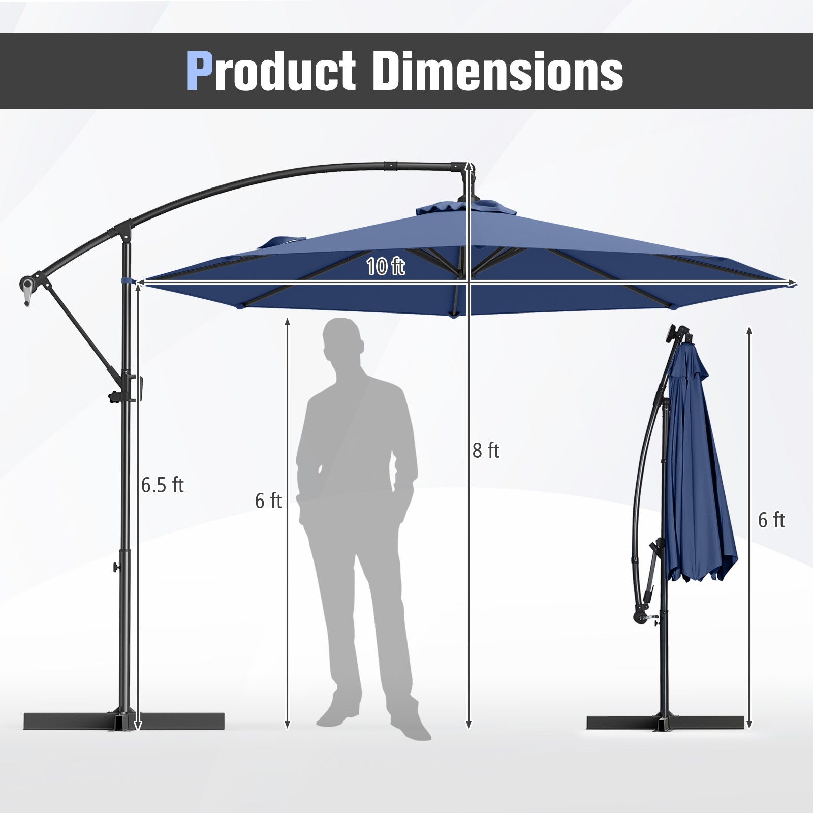Parasol déporté de 3 m avec base et inclinaison infinie - Bleu marine