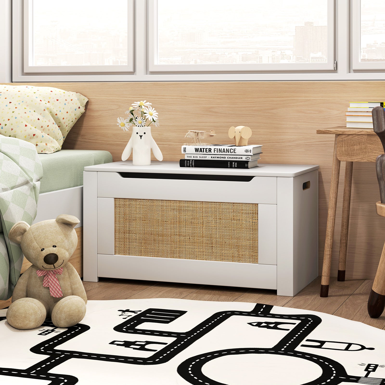Kids Rattan Toy Storage Box with Flip Top Lid and Safety Hinge Handles-White