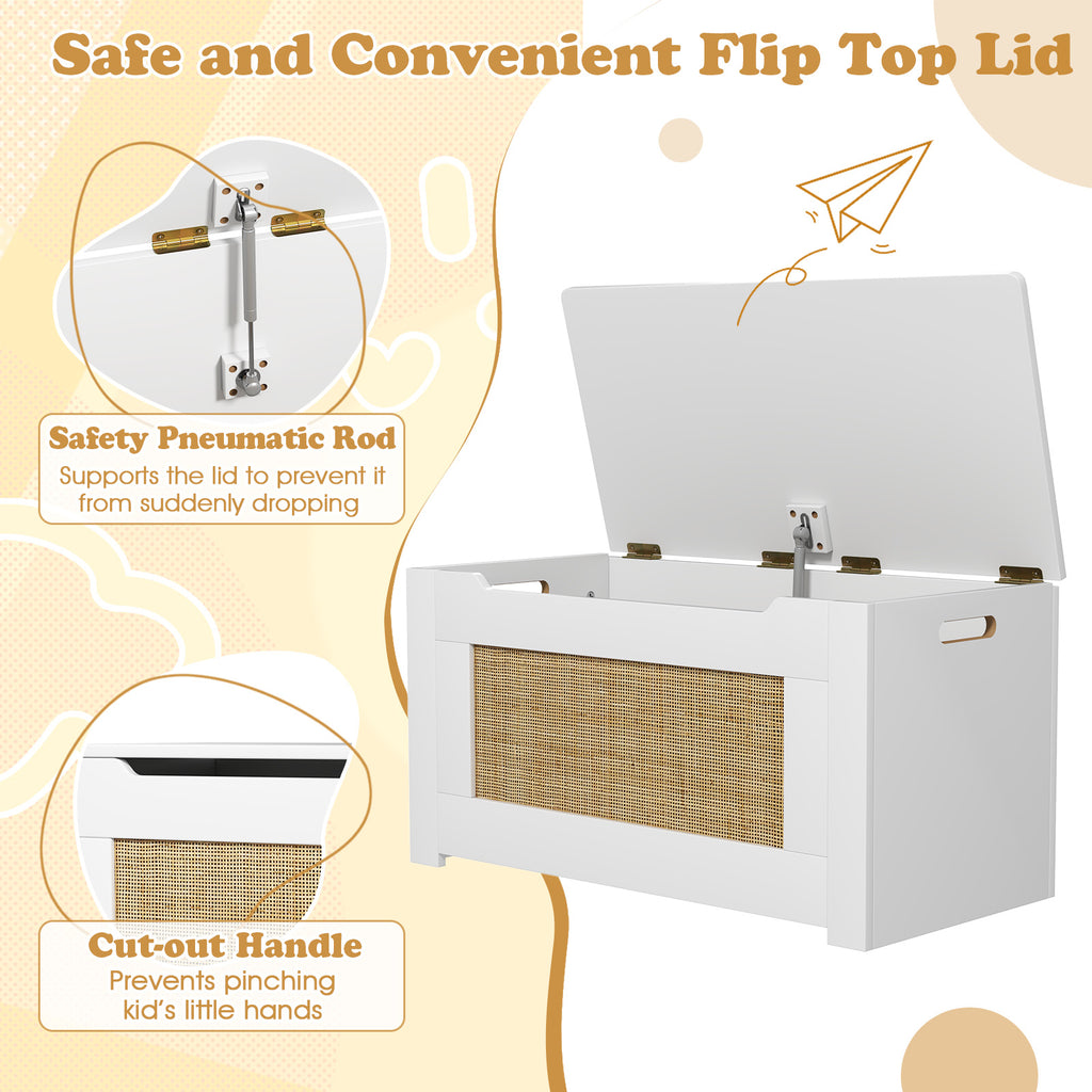 Kids Rattan Toy Storage Box with Flip Top Lid and Safety Hinge Handles-White