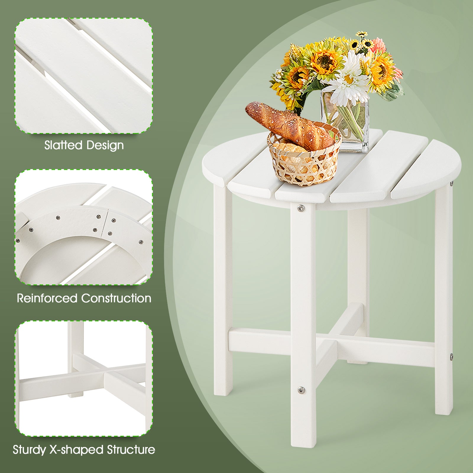 Set of 2 18 Inch Round Weather-Resistant Adirondack Side Tables-White