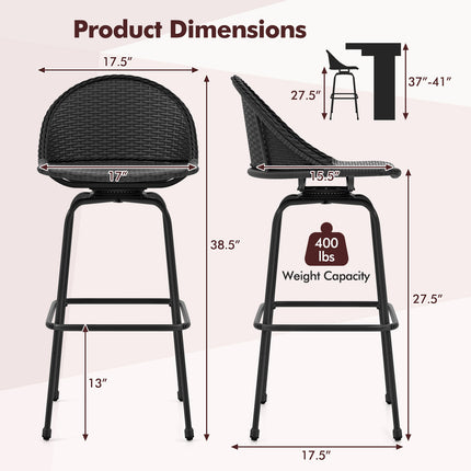 Set of 2 Rattan Swivel Barstools with Curved Back-Black