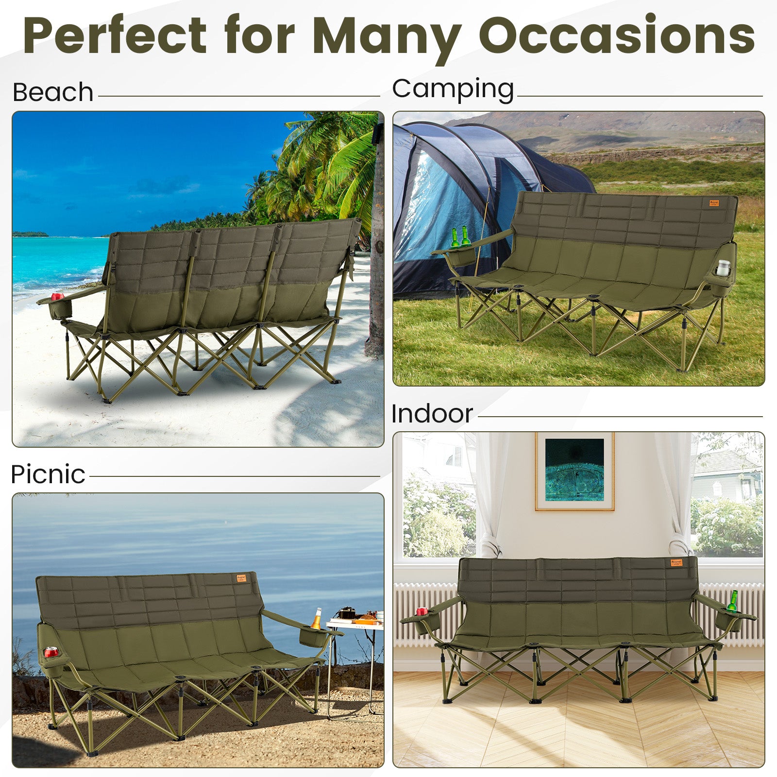 3 Person Folding Camping Chair with 2 Cup Holders Cotton Padding & Storage Bag-Green