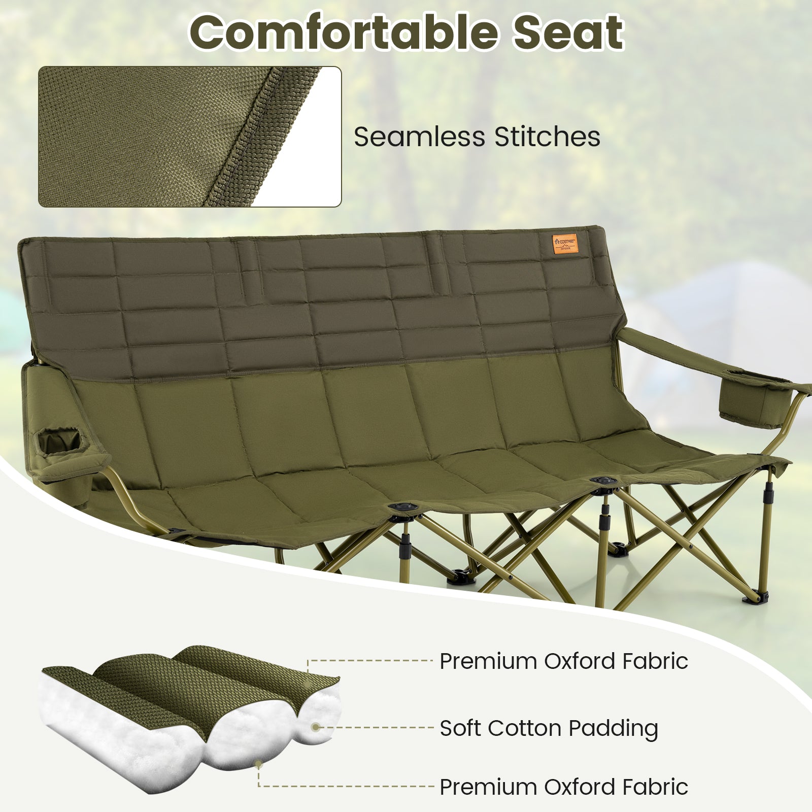 3 Person Folding Camping Chair with 2 Cup Holders Cotton Padding & Storage Bag-Green
