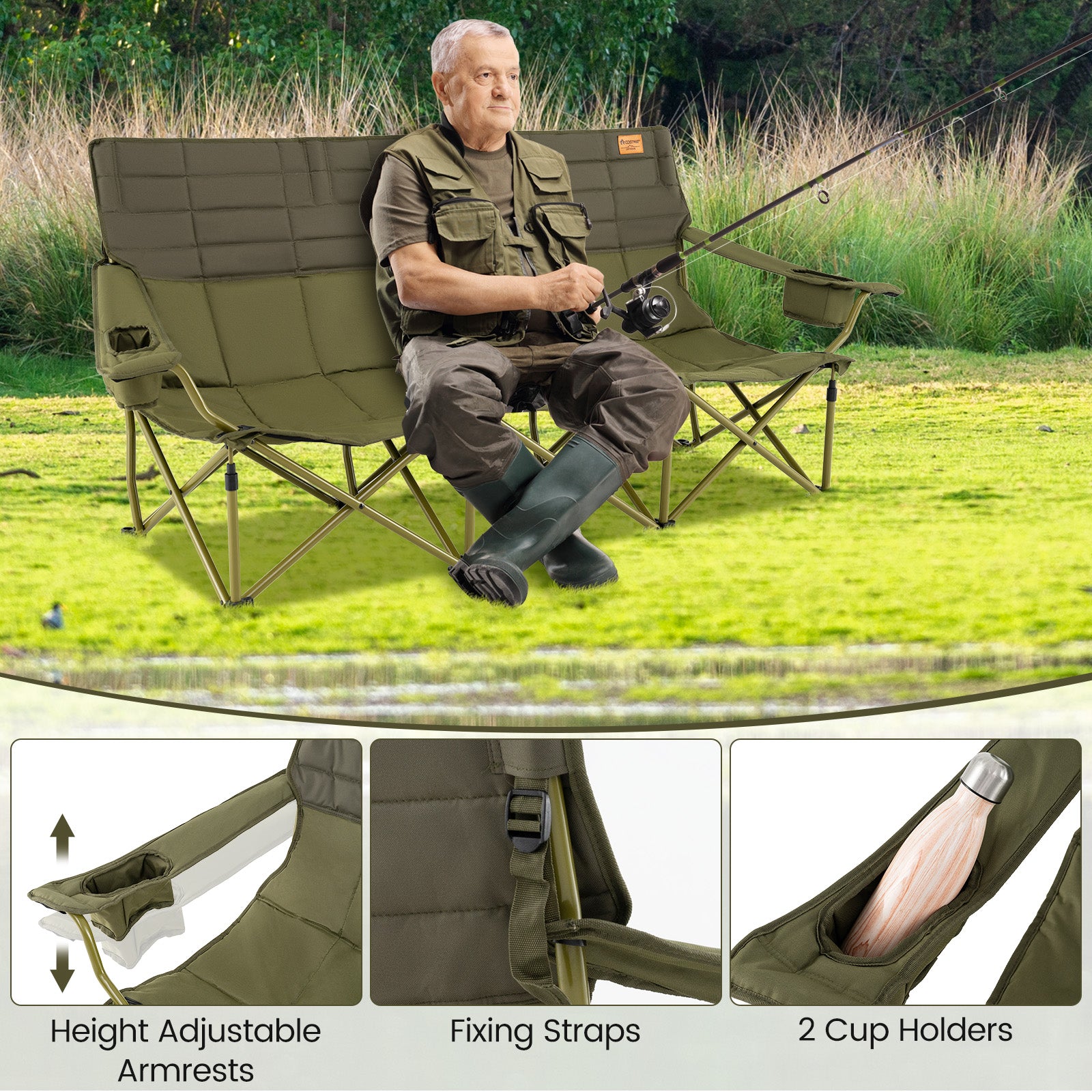 3 Person Folding Camping Chair with 2 Cup Holders Cotton Padding & Storage Bag-Green