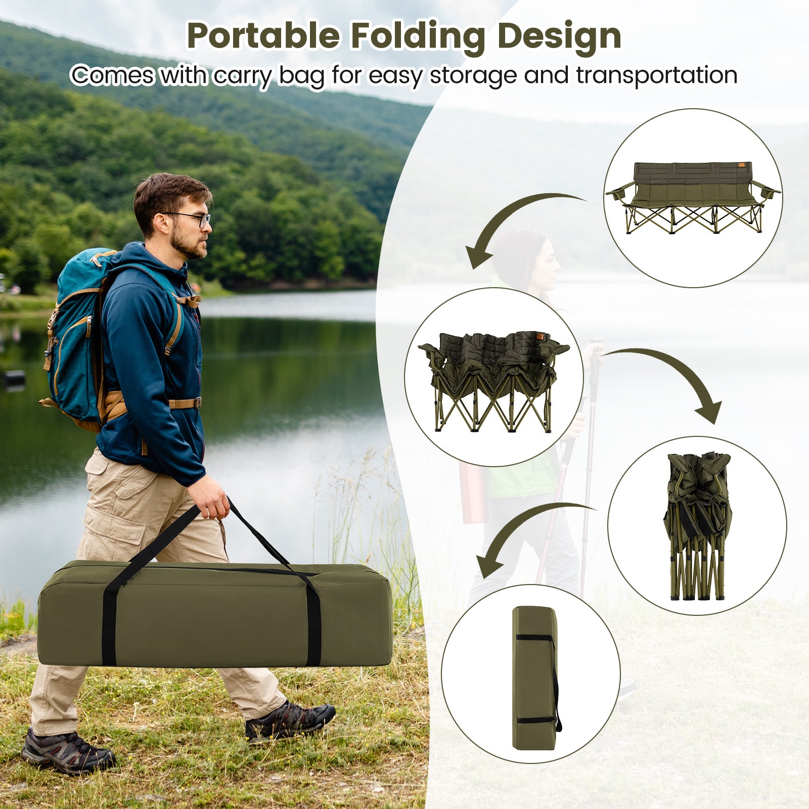 3 Person Folding Camping Chair with 2 Cup Holders Cotton Padding & Storage Bag-Green