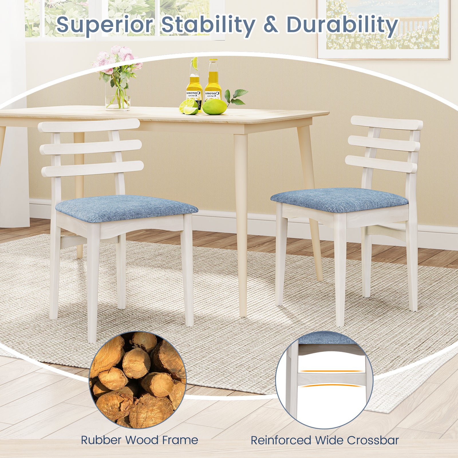 Fabric Kitchen Side Chairs with Rubber Wood Frame and Padded Seat-White