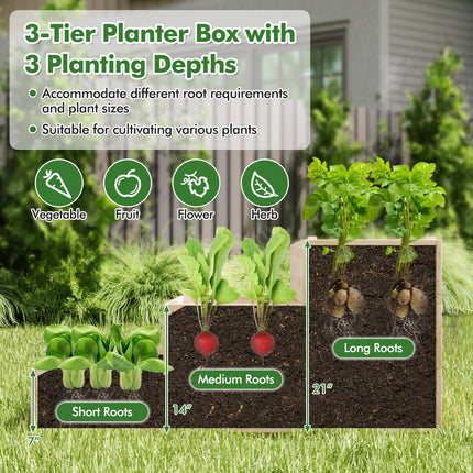 3-Tier Raised Garden Bed with Lattice Trellis and Open-Ended Base-Natural