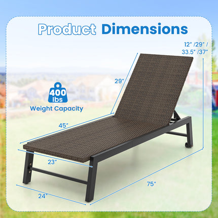 Patio PE Rattan Chaise Lounge with 5-Level Backrest and Wheels-Brown