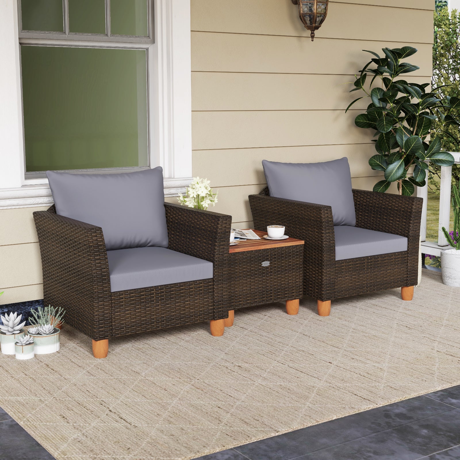 Ensemble de 3 meubles de bistrot de patio en rotin avec dessus de table en bois - Gris