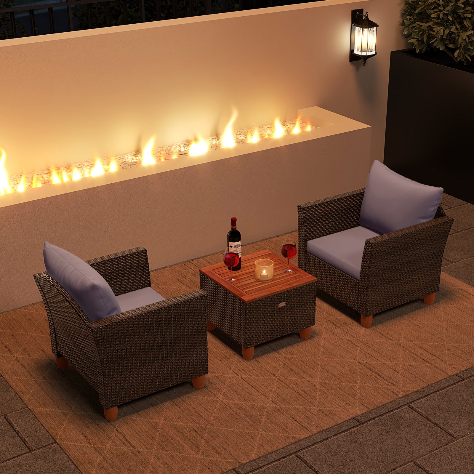 Ensemble de 3 meubles de bistrot de patio en rotin avec dessus de table en bois - Gris
