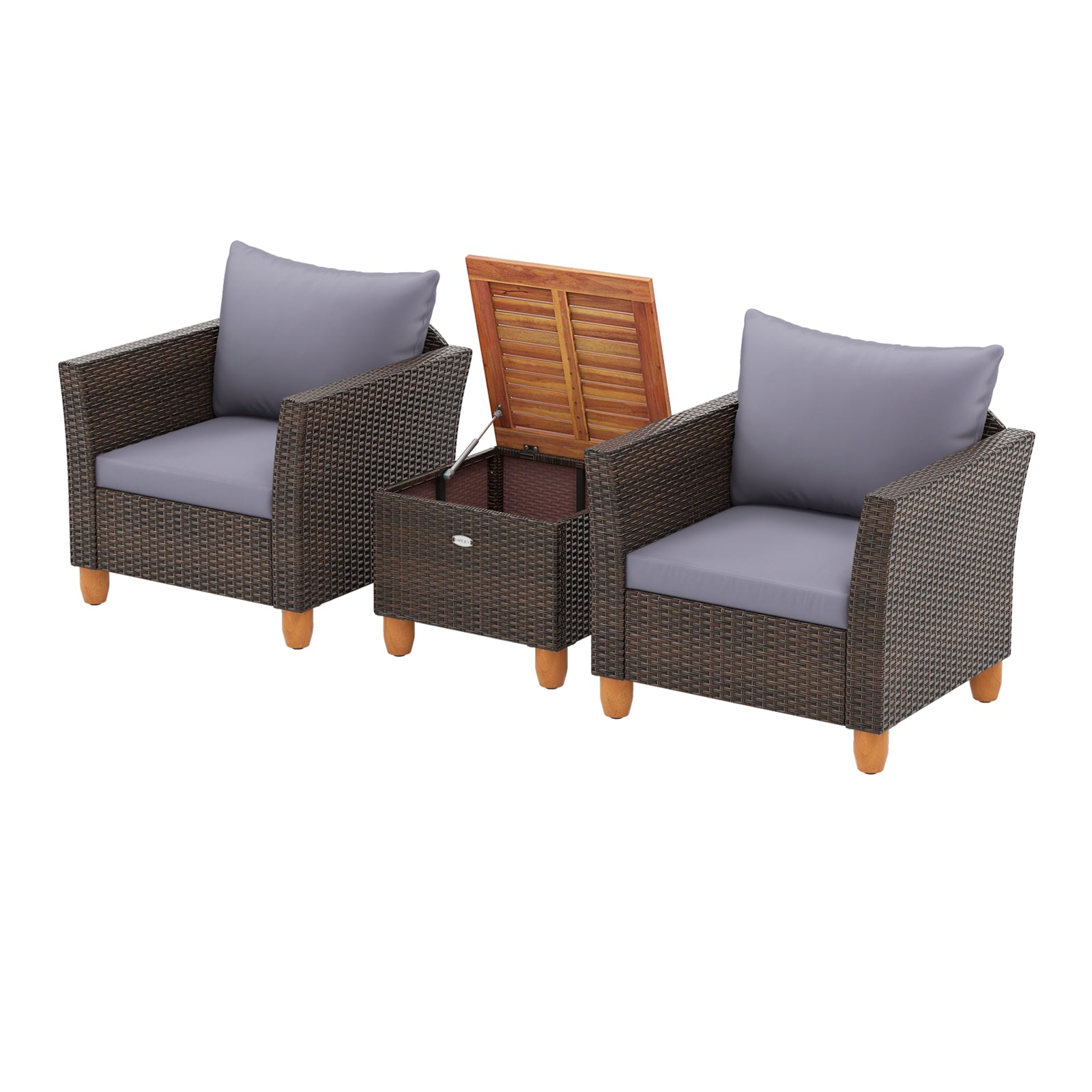 Ensemble de 3 meubles de bistrot de patio en rotin avec dessus de table en bois - Gris