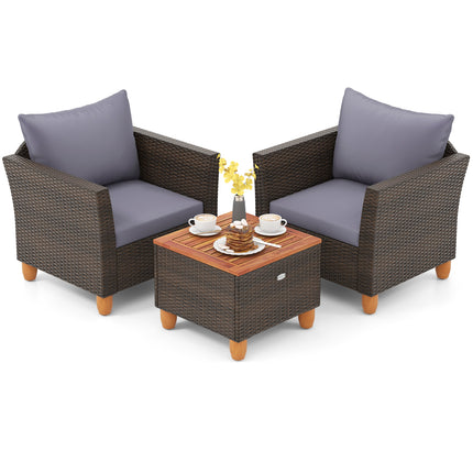 3 Pieces Patio Rattan Bistro Furniture Set with Wooden Table Top-Gray
