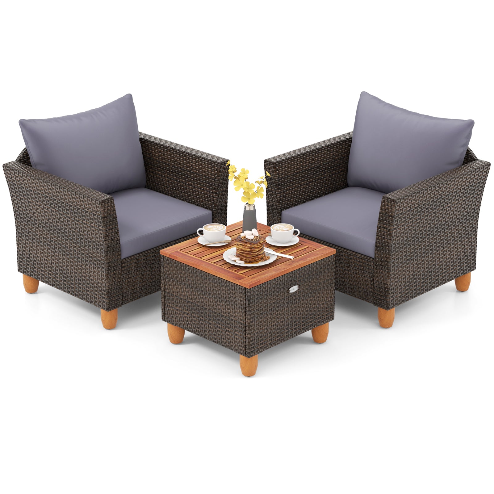 Ensemble de 3 meubles de bistrot de patio en rotin avec dessus de table en bois - Gris