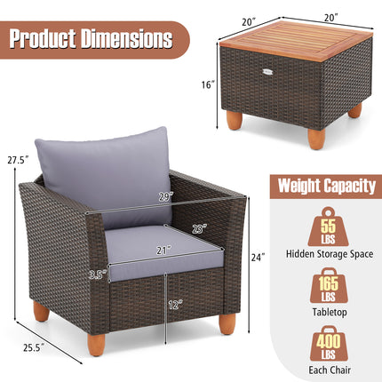 3 Pieces Patio Rattan Bistro Furniture Set with Wooden Table Top-Gray
