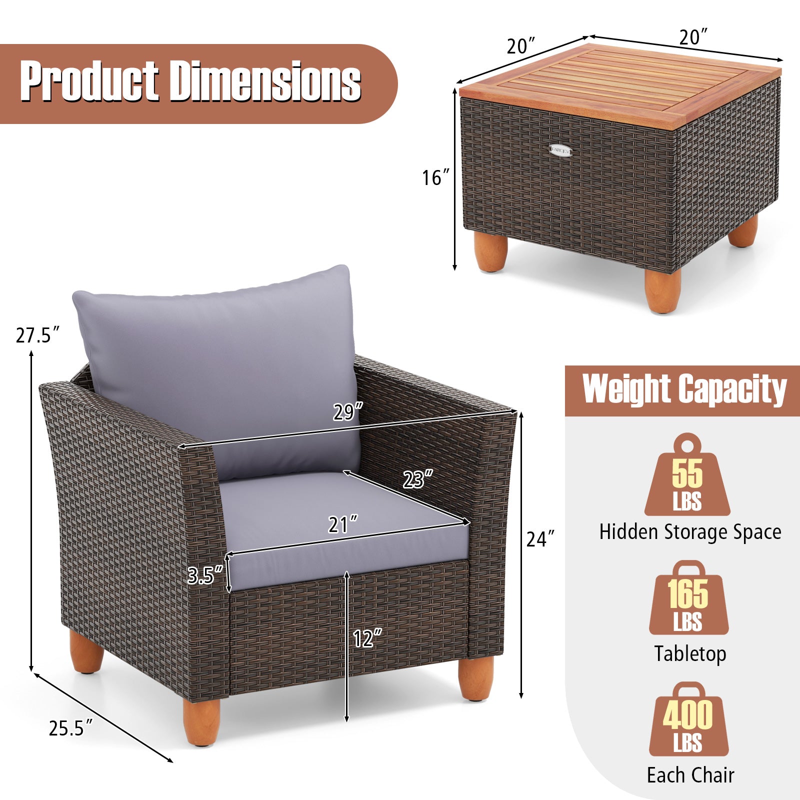 Ensemble de 3 meubles de bistrot de patio en rotin avec dessus de table en bois - Gris