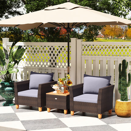 3 Pieces Patio Rattan Bistro Furniture Set with Wooden Table Top-Gray