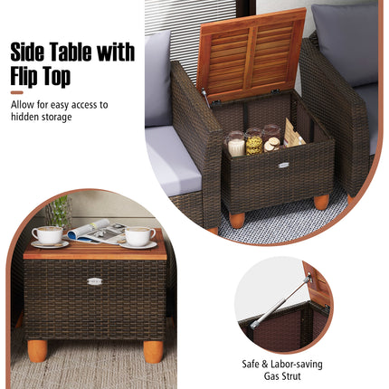 3 Pieces Patio Rattan Bistro Furniture Set with Wooden Table Top-Gray
