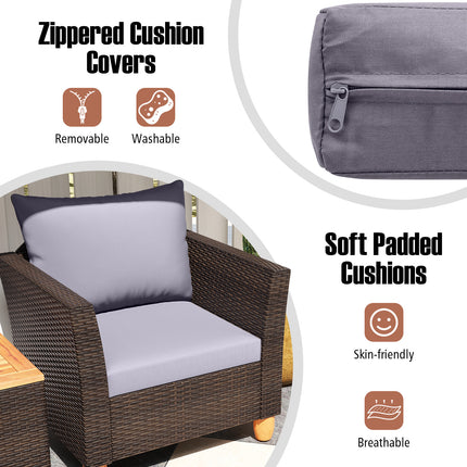 3 Pieces Patio Rattan Bistro Furniture Set with Wooden Table Top-Gray