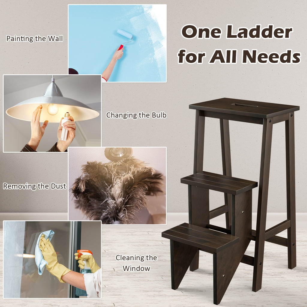 3-in-1 Rubber Wood 3 Tier Folding Step Stool Ladder Storage Shelf-Dark Brown