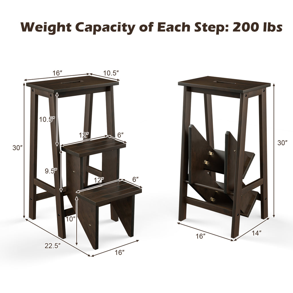3-in-1 Rubber Wood 3 Tier Folding Step Stool Ladder Storage Shelf-Dark Brown