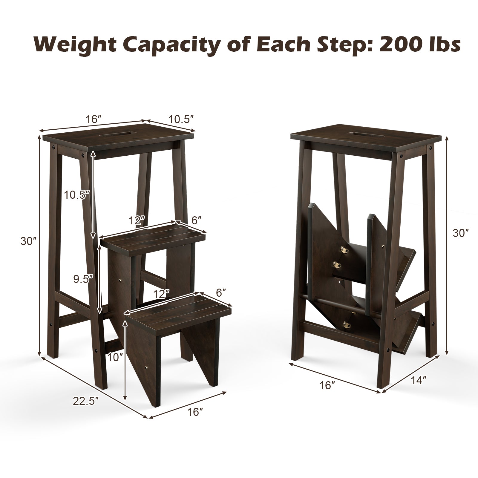 3-in-1 Rubber Wood 3 Tier Folding Step Stool Ladder Storage Shelf-Dark Brown