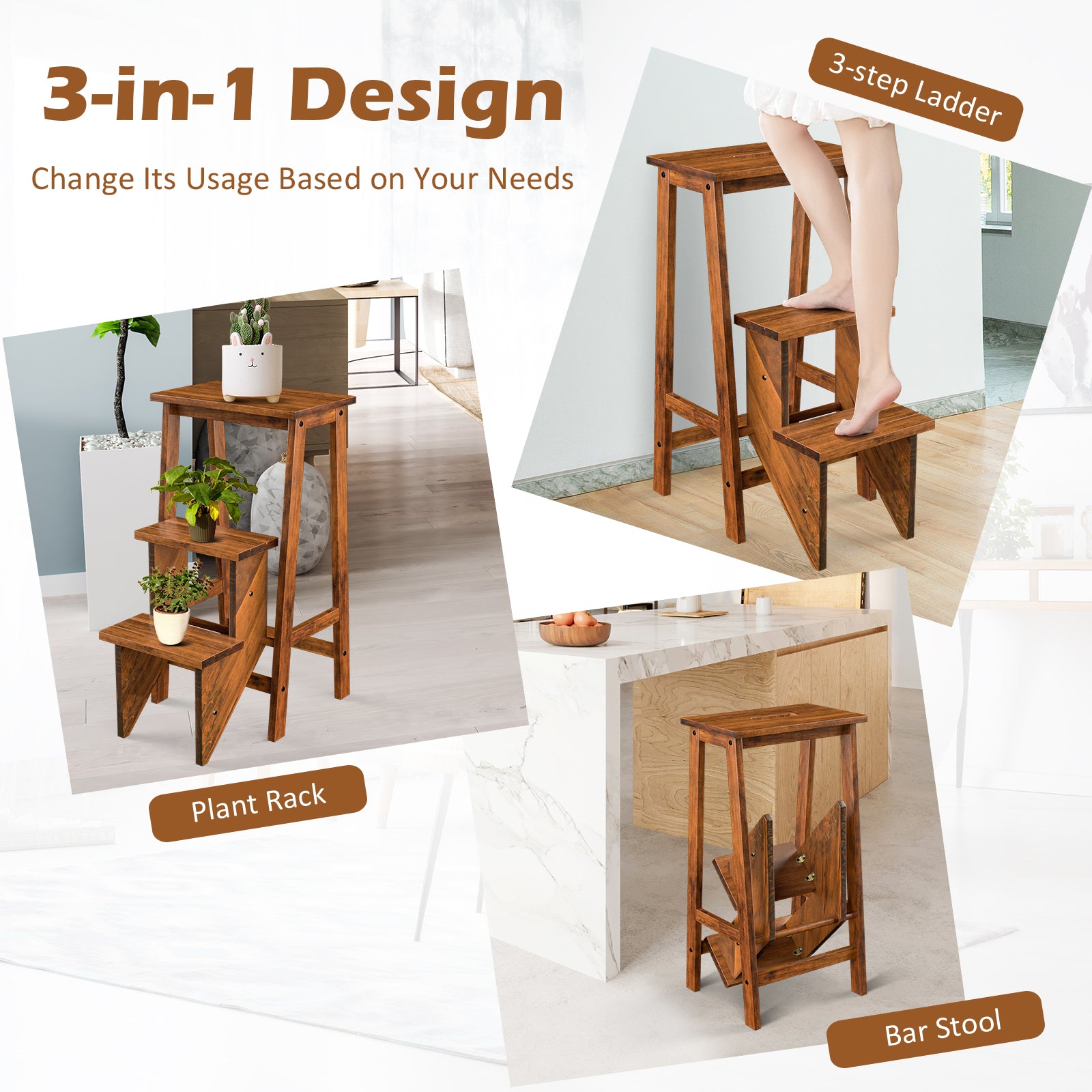 3-in-1 Rubber Wood 3 Tier Folding Step Stool Ladder Storage Shelf-Brown