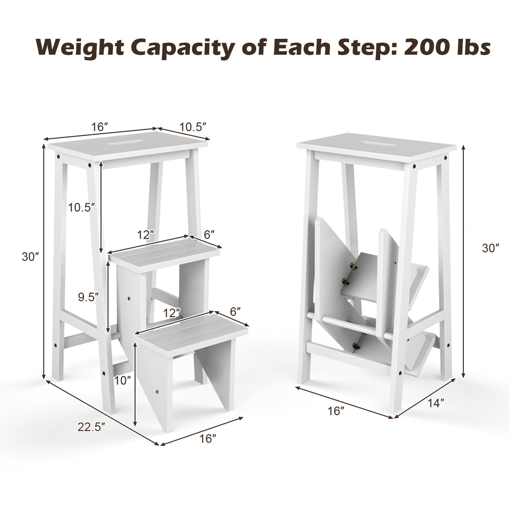 3-Tier Step Stool 3 in 1 Folding Ladder Bench-White