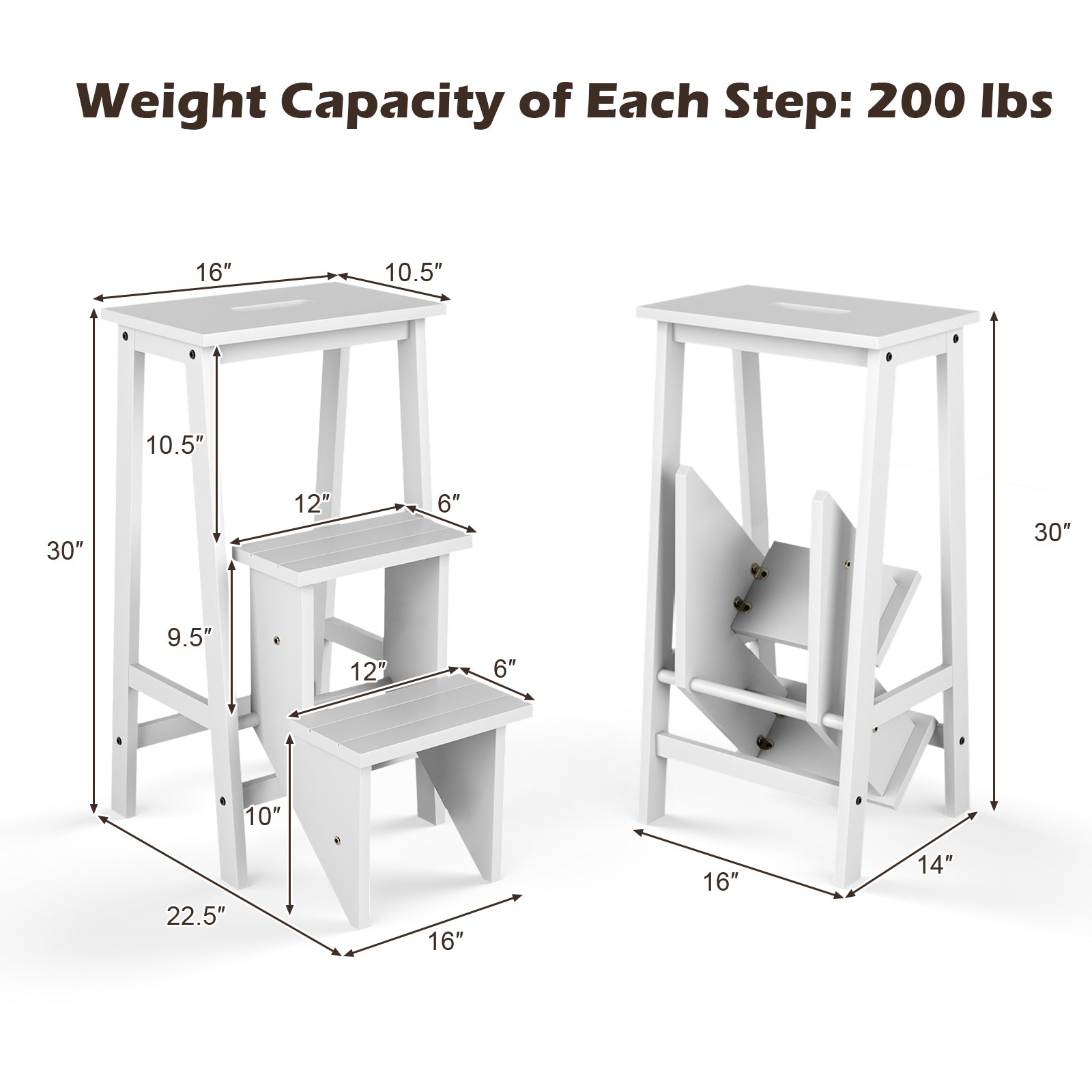 3-Tier Step Stool 3 in 1 Folding Ladder Bench-White