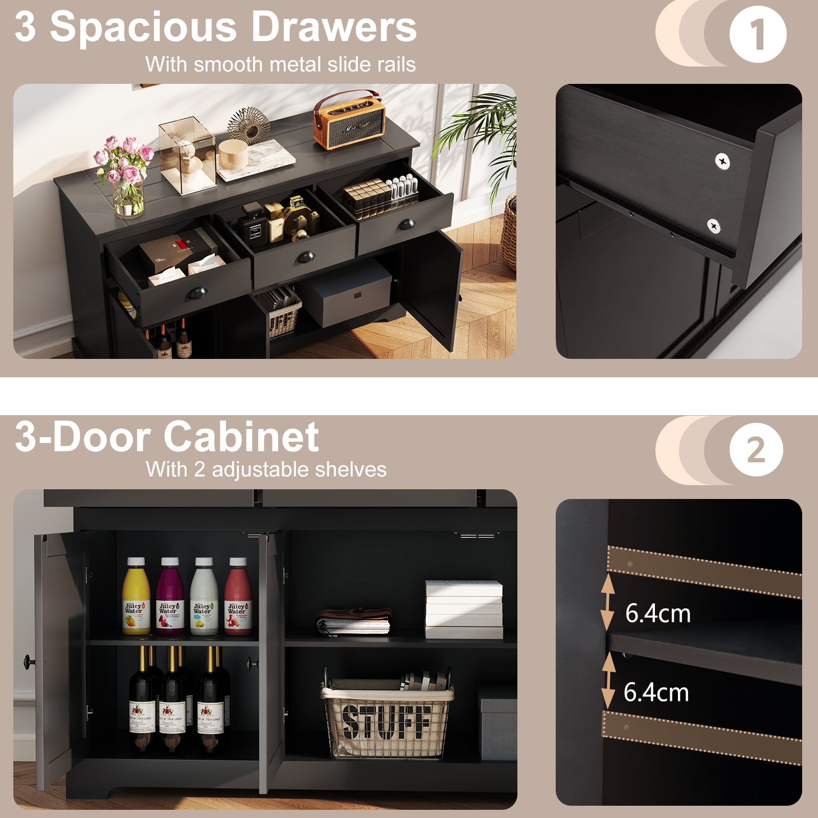 3 Drawers Sideboard Buffet Storage with Adjustable Shelves-Brown