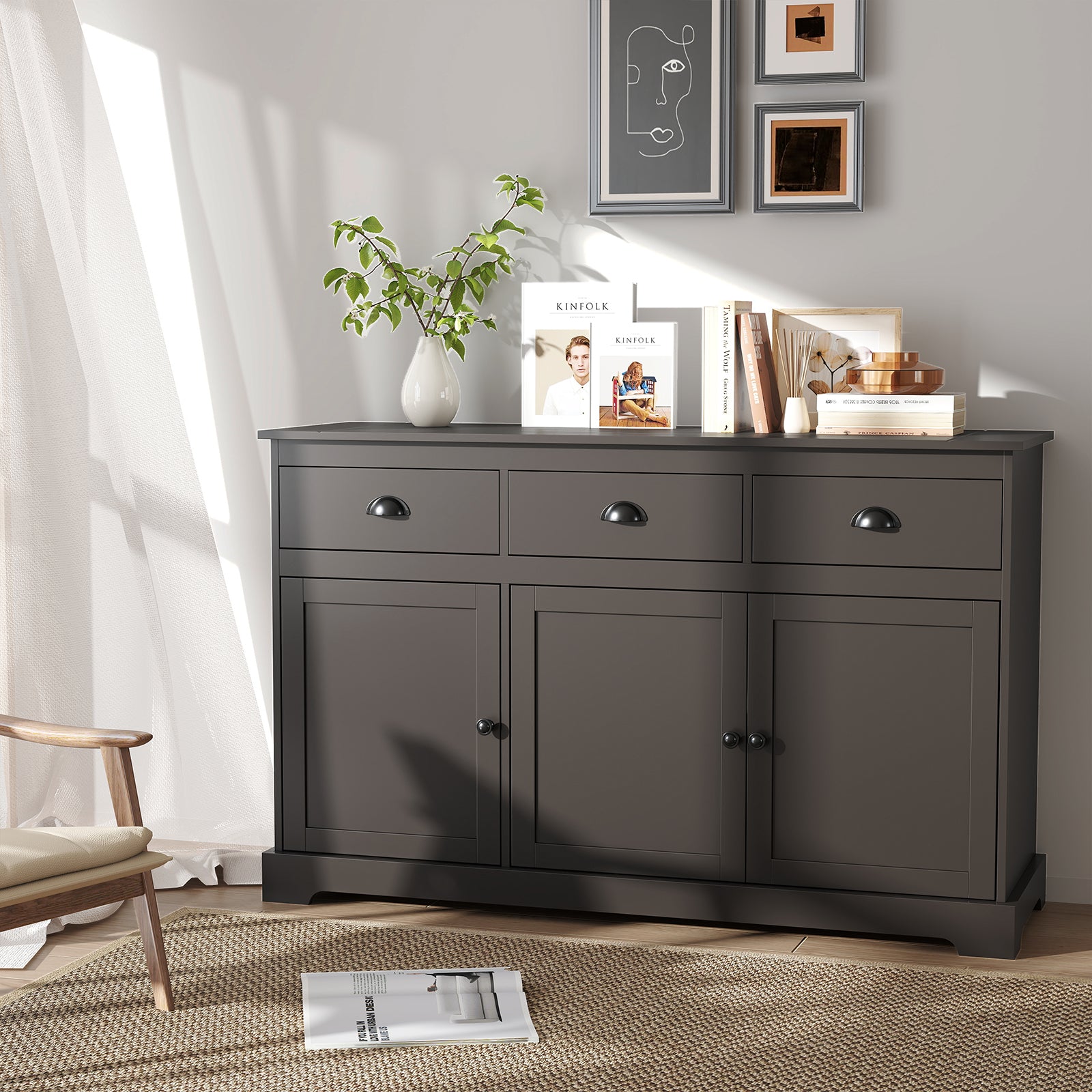 3 Drawers Sideboard Buffet Storage with Adjustable Shelves-Brown