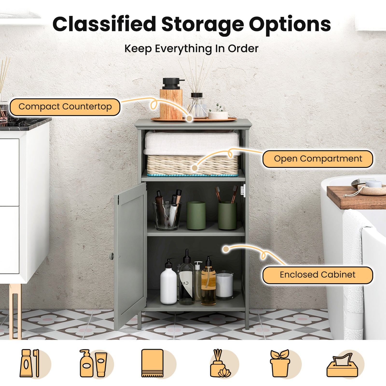 Bathroom Freestanding Adjustable Shelf Floor Storage Cabinet-Gray