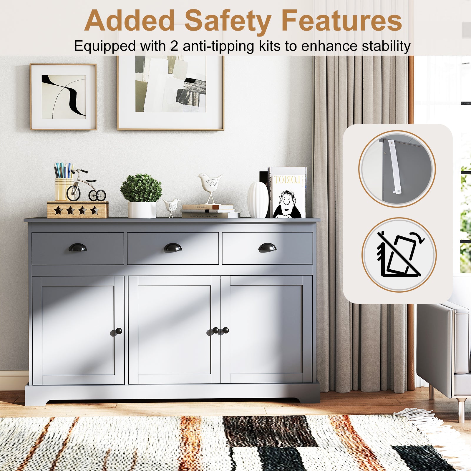 3 Drawers Sideboard Buffet Storage with Adjustable Shelves-Gray