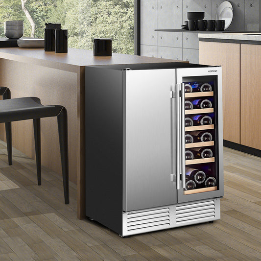 Wine cooler in a modern kitchen setting with wooden floor and light-colored cabinets.