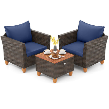 3 Pieces Patio PE Wicker Furniture Set with Cushions and Acacia Wood Storage Coffee Table-Navy