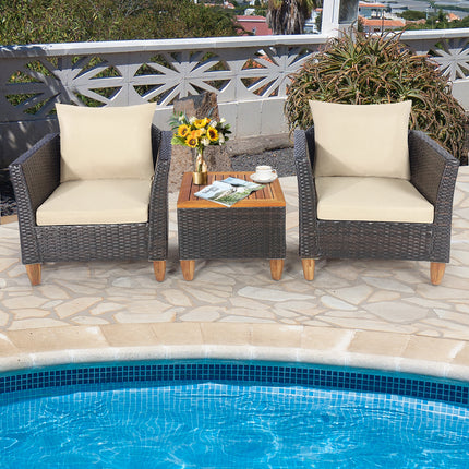 3 Pieces Patio Rattan Furniture Set with Washable Cushion for Yard Porch-Beige