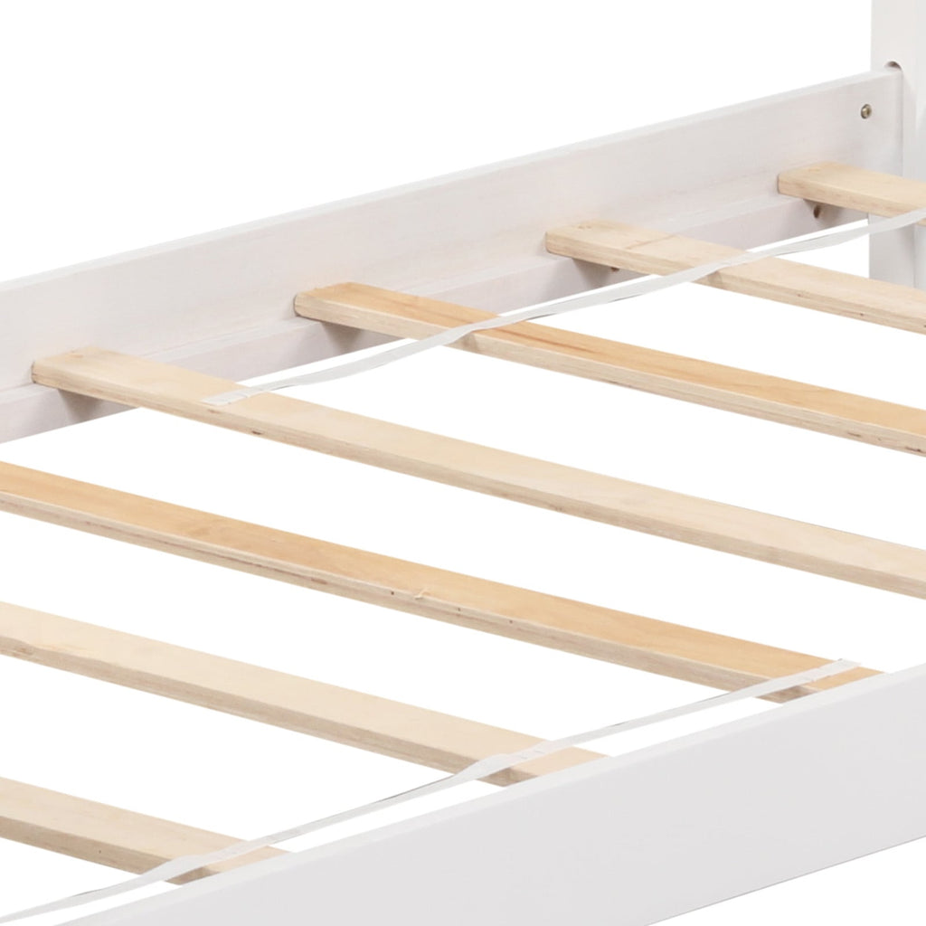 Twin Size Wooden House Bed with Roof-White