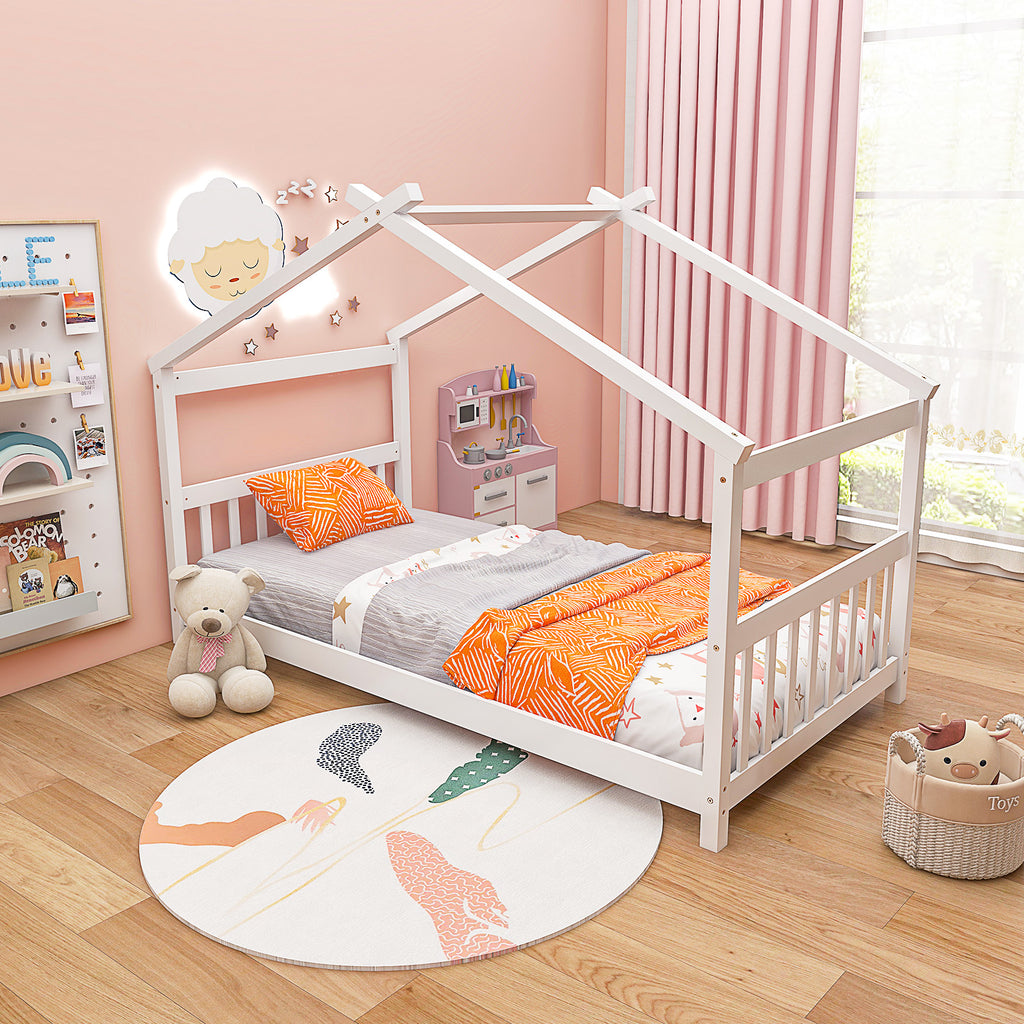 Twin Size Wooden House Bed with Roof-White