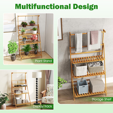 3 Tier Bamboo Hanging Plant Stand with Height Adjustable Hanger Rod-Natural