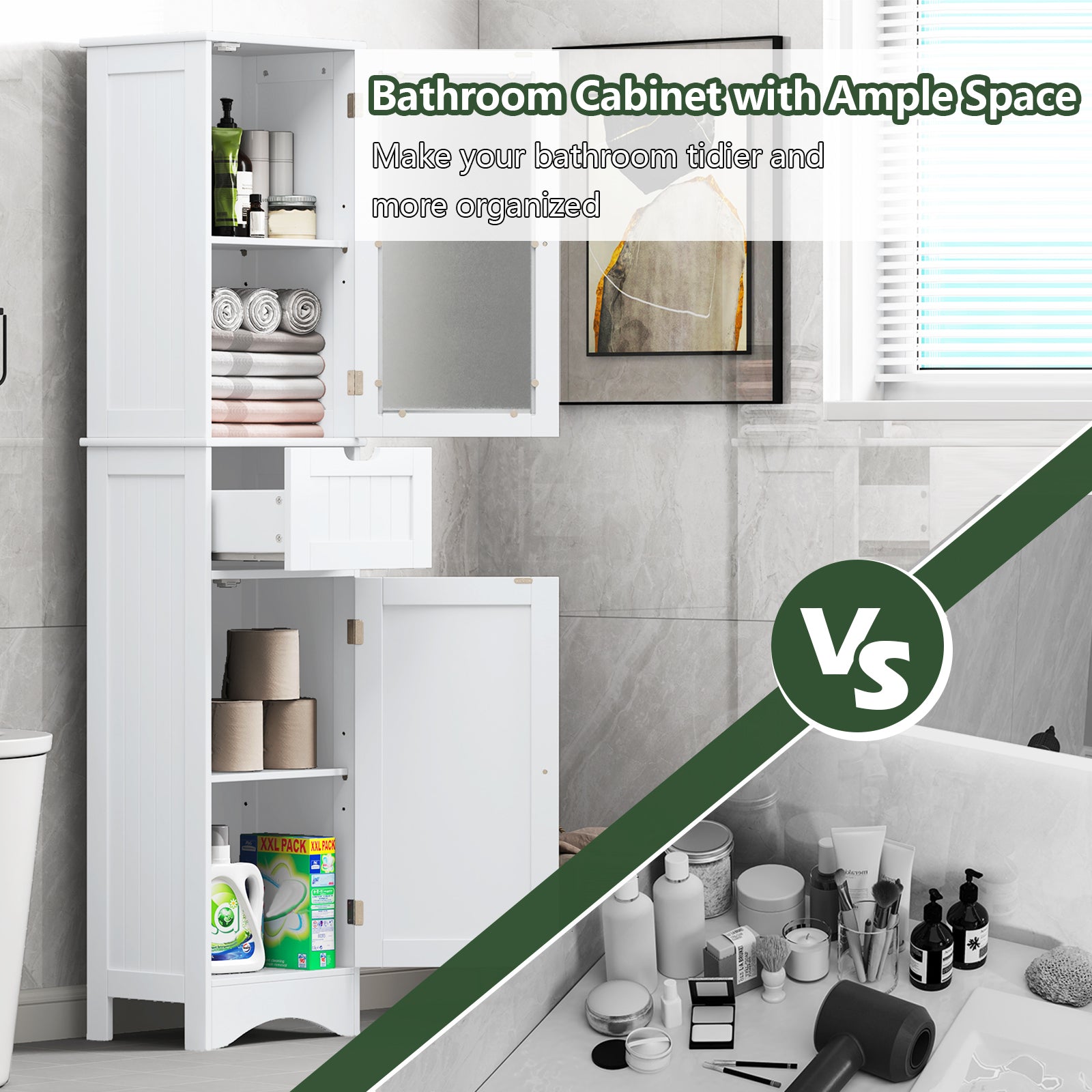 Tall Floor Storage Cabinet with 2 Doors and 1 Drawer for Bathroom-White