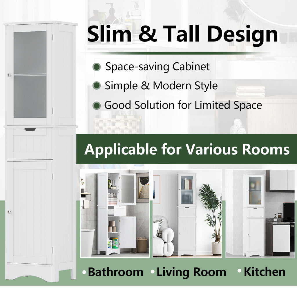 Tall Floor Storage Cabinet with 2 Doors and 1 Drawer for Bathroom-White