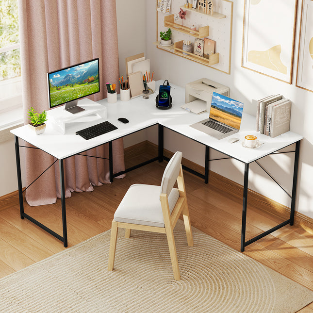 L-Shaped Computer Desk with Power Outlets and Monitor Shelf-White
