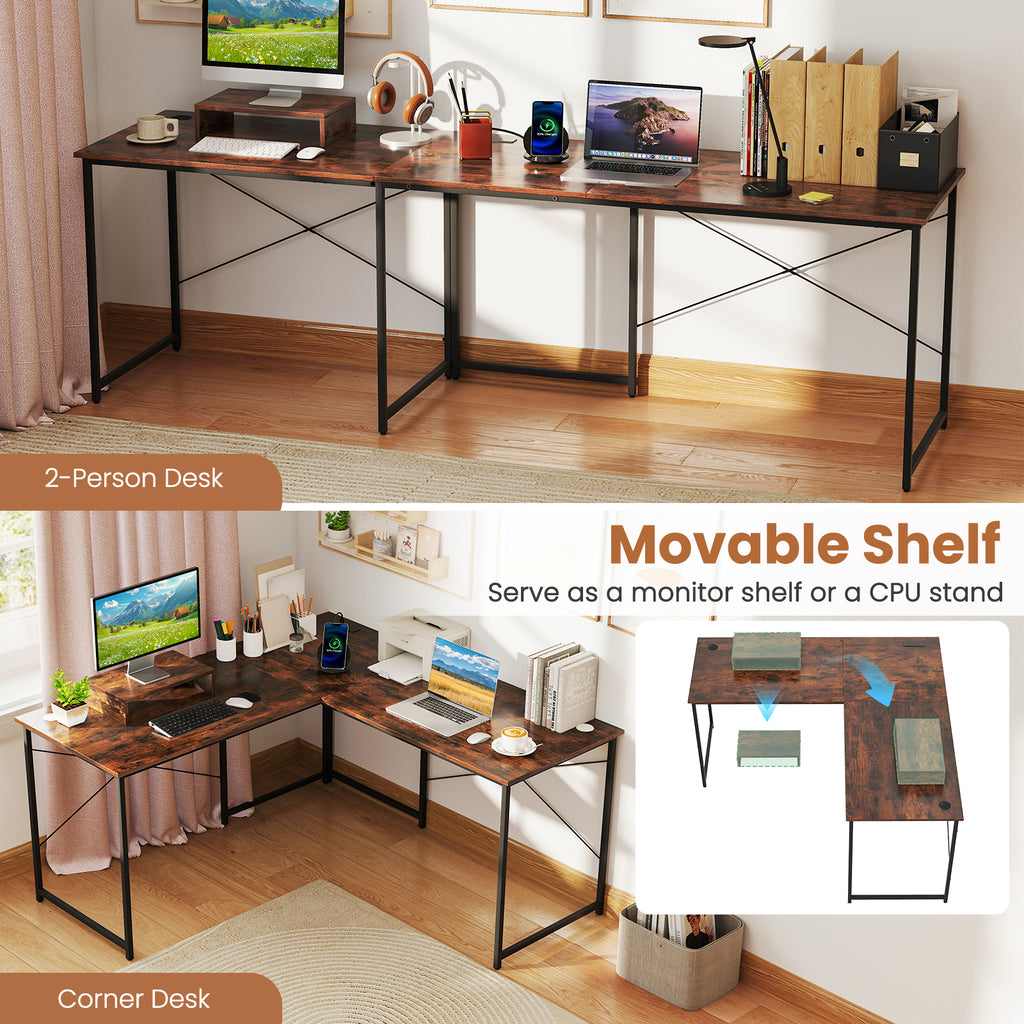 95 Inch 2-Person L-Shaped Long Reversible Computer Desk with Monitor Stand-Rustic Brown